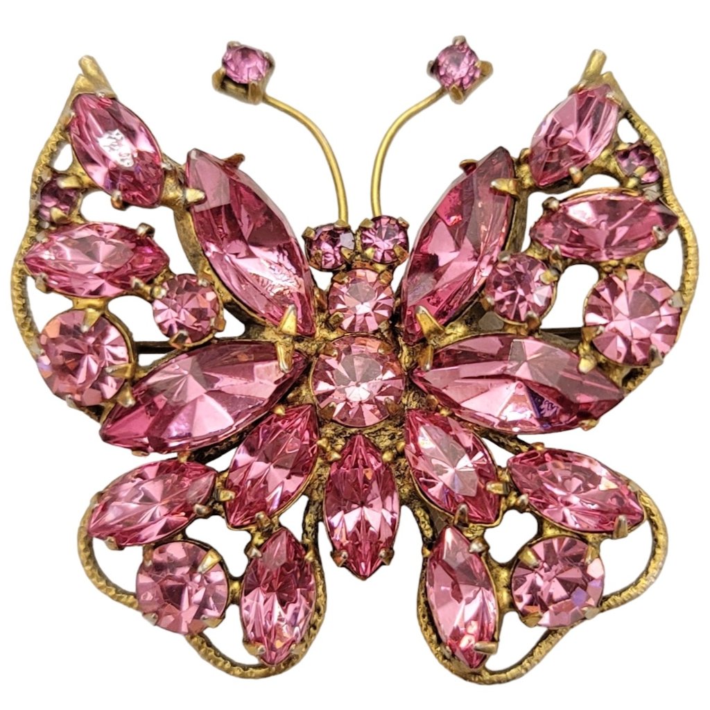 Vintage Gold Tone Pink Prong Set Rhinestone Butterfly Brooch Pin K588